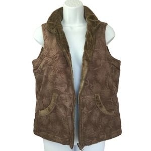 Columbia Reversible Women Vest Size S Brown Floral Faux Fur Lined Zip Up